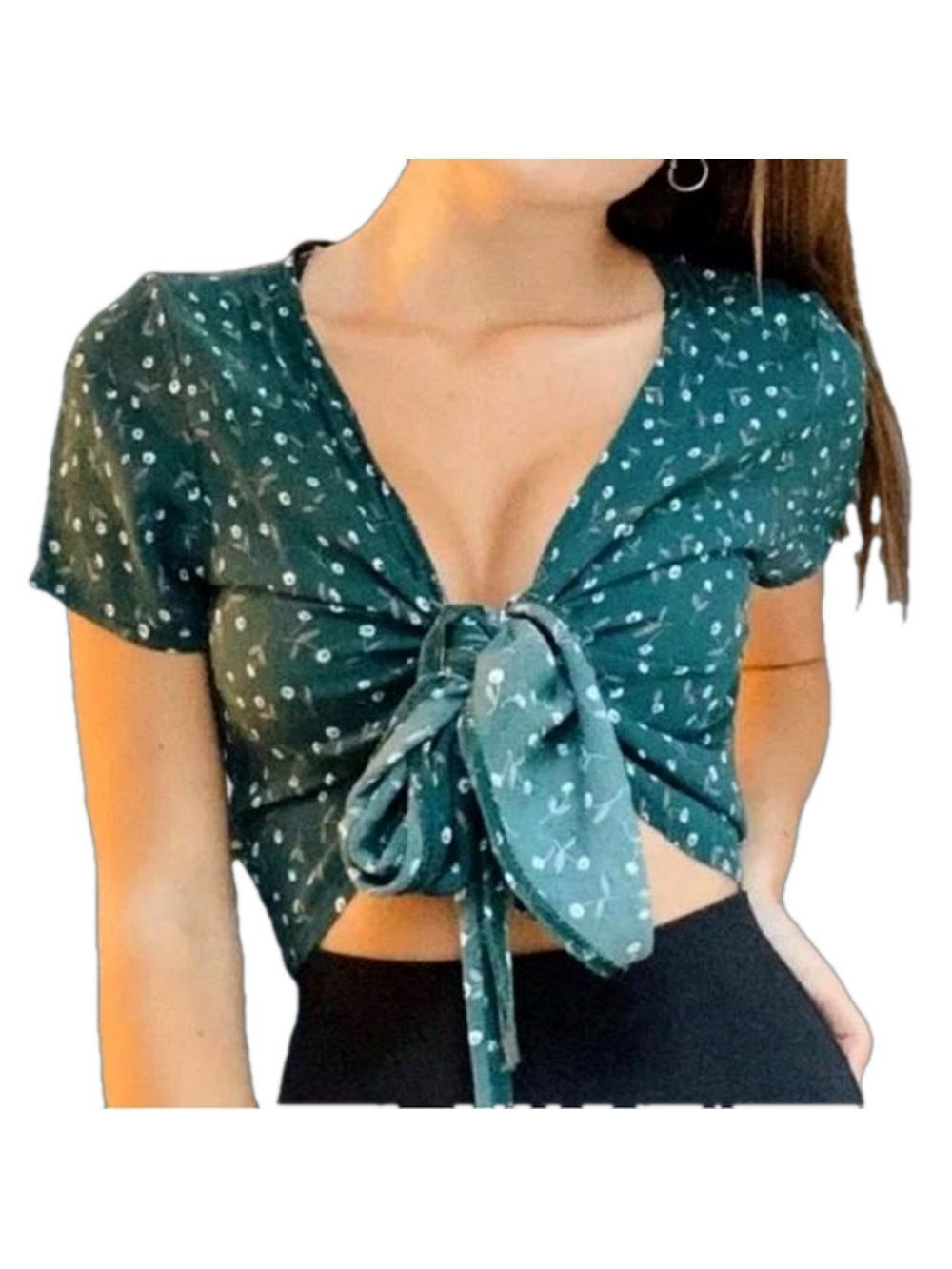 BRANDY MELVILLE Green Wrap Crop Top with White Daisy Print